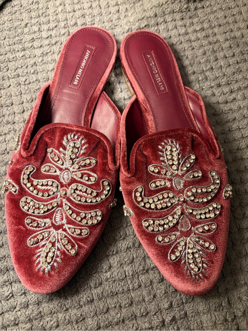 ANTONIO MELANI Red Velvet Jeweled Slip-On Mules